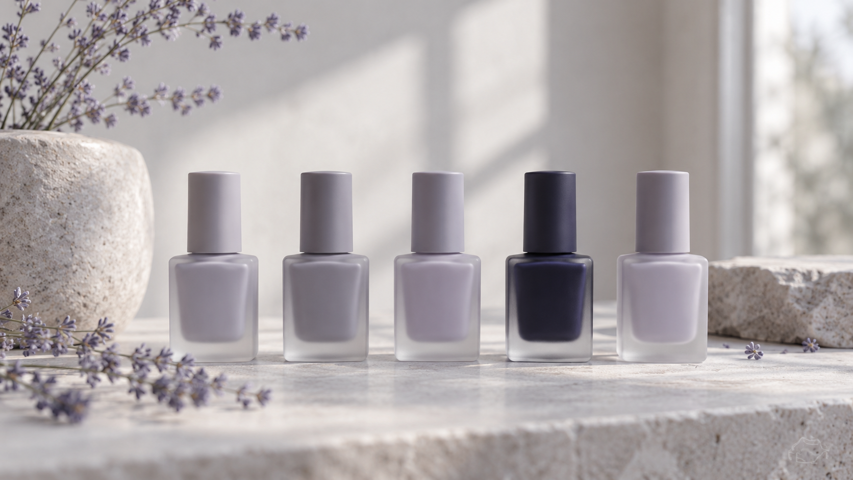 Illustrative still life of lavender-grey nail polish bottles in soft window light