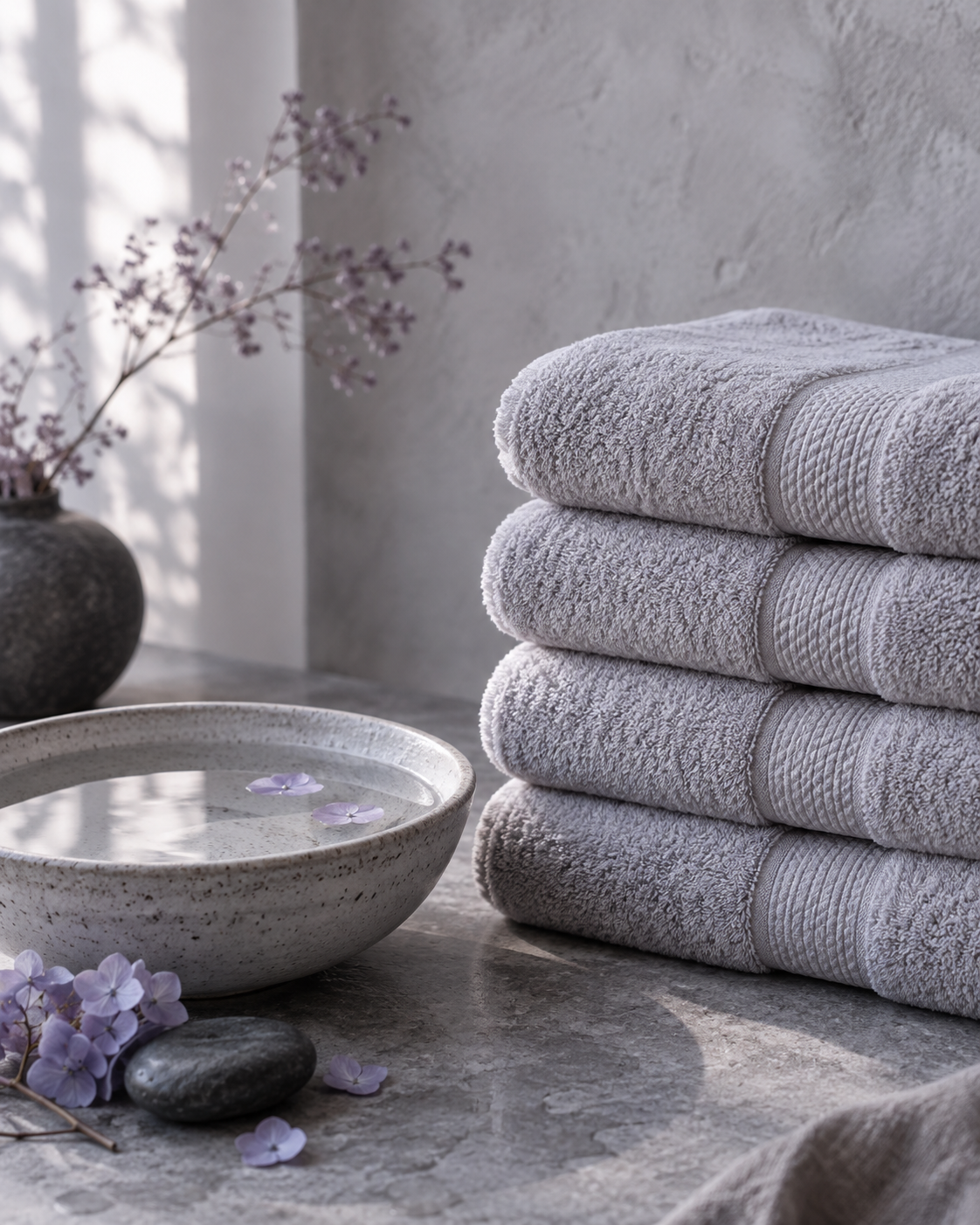 Illustrative still life of folded grey spa towels beside a ceramic soak bowl